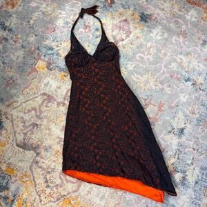 Vintage Y2K whimsigoth black and orange lace halter mini dress